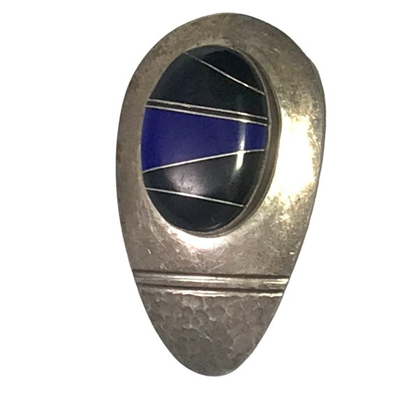 Large Vintage Zuni Sterling Silver Inlay Earrings with Onyx and Lapis Signed FM - Picture 8 of 10